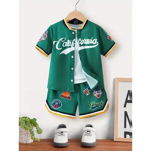 SHEIN Young‎ Boy Baseball Collar Shirt & Shorts In Green Size 4Y